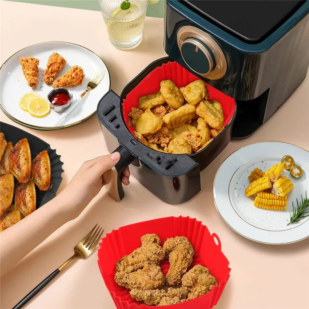 Revêtement de poêle réutilisable pour friteuse à air comprimé, accessoires en silicone pour friteuses à air comprimé, plaque de cuisson pour four, pizza, poulet, moule en silicone antiadhésif pour friteuse à air comprimé