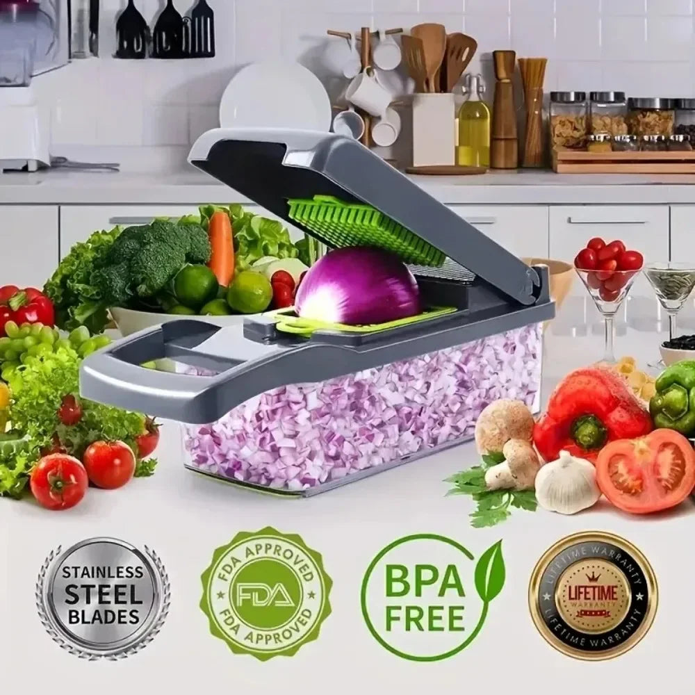 Hachoir à légumes multifonctionnel avec poignée, râpe à aliments, hachoir à aliments, trancheuse à légumes, coupe en dés, 14/16 en 1, articles de cuisine Cocina