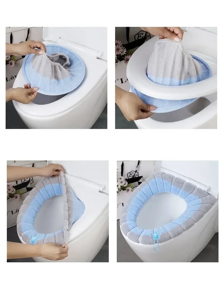 1 paquet de tapis de toilette tricoté portable de couleur cousue, housse de toilette antigel lavable et épaisse tricotée de type O universelle
